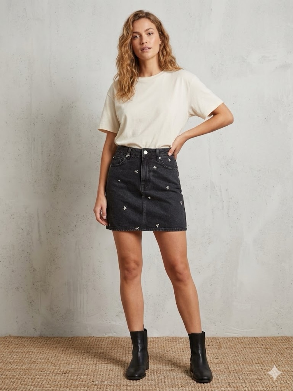 PacSun Black Denim Mini Skirt with White Daisy Accents Size 24
